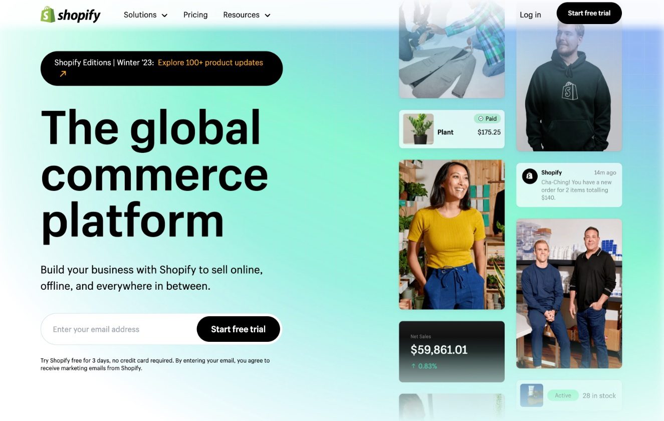 The Shopify homepage vs WooCommerce