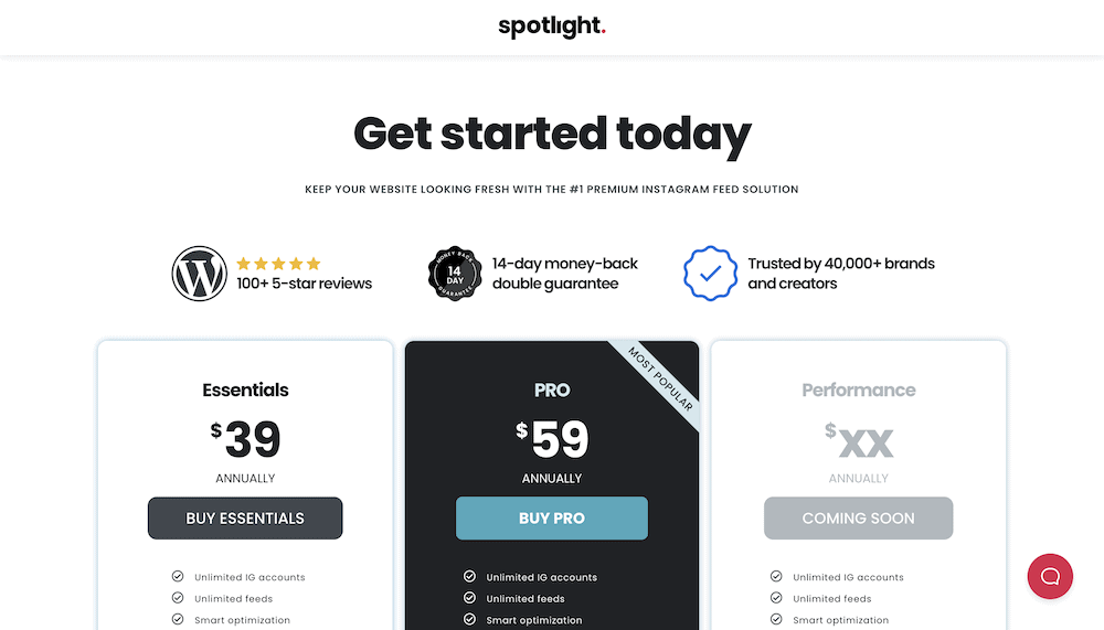 SpotlightWPs pricing page.